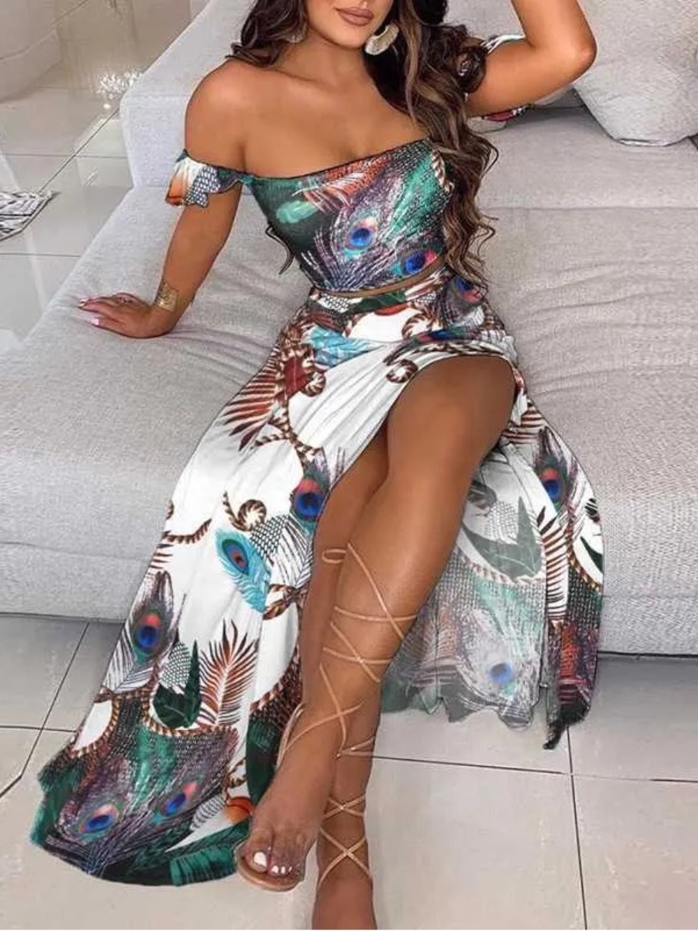 SHEIN One-Shoulder Maxi Dress with Peacock Feather Print in White, Green, Blue
